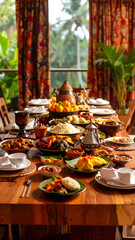 Elegant Indonesian Buffet Table in Open-Air Setting