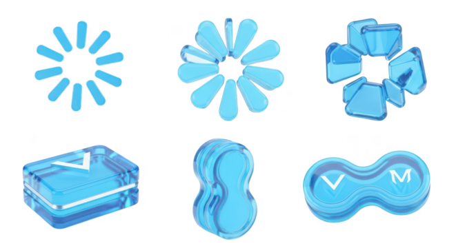 Various translucent blue icons on white background suggesting digital concepts data transfer or progress