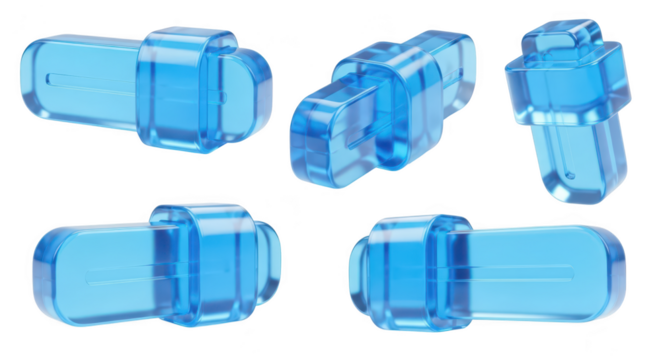Transparent blue crystal pill shapes on a white backdrop representing medical capsules and illustrating pharmaceutical concepts