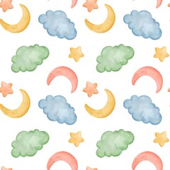 Calm and serene watercolor seamless pattern clouds, moons, and stars for kids and baby designs.