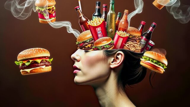 AI generated side closeup of lower face of unrecognizable young woman, with images of unhealthy fast food &ndash; burgers, fries, fizzy drinks, beer on her brain, flying around in smoke, on brown background