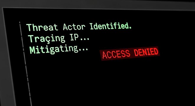 Cybersecurity breach in progress with a threat actor identified and IP tracing, resulting in a red access denied message on the screen. - Powered by Adobe