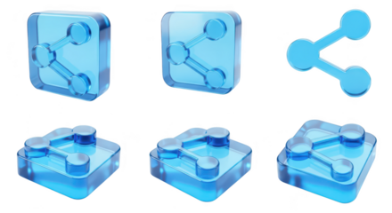 Blue glass network icons in different perspectives on white background suggesting connection and communication; for digital designs