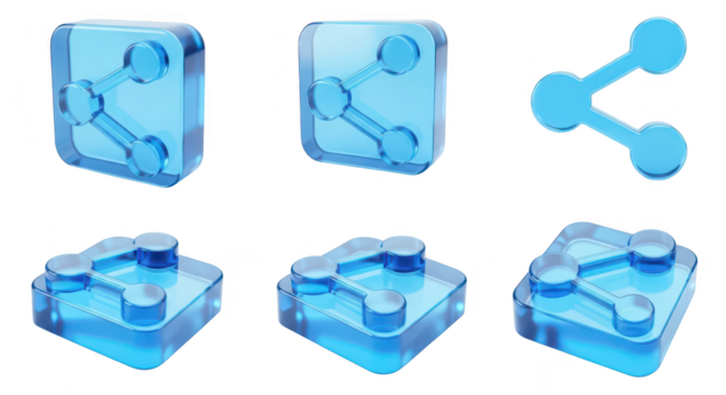 Blue glass network icons in different perspectives on white background suggesting connection and communication; for digital designs