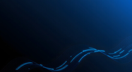 Luminous blue light trails forming a dynamic flowing wave with digital particles.