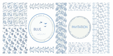 Blue floral patterns and invitation design elements with birds