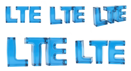 Blue transparent LTE letters arranged in various ways on a white background demonstrating wireless data technology Possible use website header advertisement