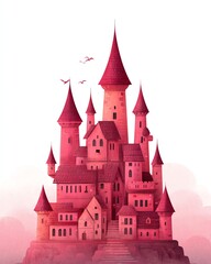 Obraz premium Enchanting Crimson Castle: A whimsical illustration of a majestic crimson castle atop a mist-shrouded peak, evoking a sense of fairytale wonder and architectural grandeur.