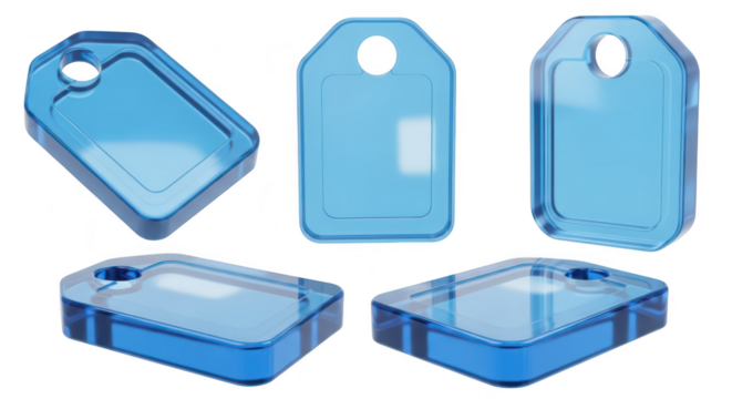 Blue transparent price tags floating in multiple angles against a white background suggesting use in product marketing or retail - Powered by Adobe