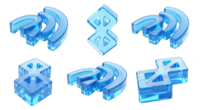 Various translucent blue wireless and Bluetooth icons isolated on a white surface depicting connectivity; ideal for digital media or technology concepts - Powered by Adobe