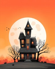 Spooky Haunted House Illustration: Spooky Haunted house Illustration with a creepy atmosphere with a large moon in the sky and a bare tree in a beautiful landscape.