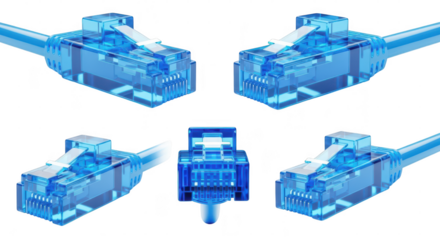 Multiple blue network cable connectors isolated on white illustrating connections technology data transfer for visual communication