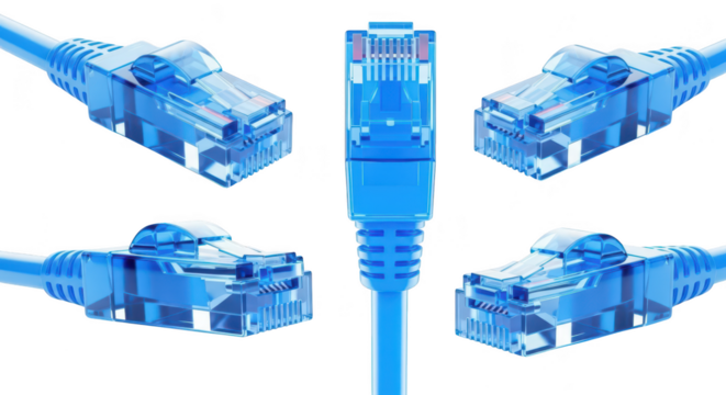 Close-up of blue Ethernet cables arranged on white showcasing network connections and data transfer potential