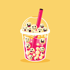 A vibrant cartoon bubble tea with cute, expressive emoji-faced tapioca pearls and a pink straw.