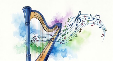 Watercolor harp illustration with musical notes flowing around, creating a harmonious visual