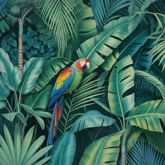 Vibrant macaw perched among lush tropical foliage with colorful plumage