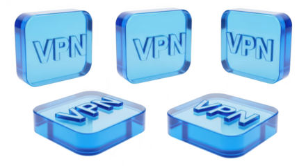 Transparent blue VPN icons on white background illustrating data security & privacy for use in cybersecurity internet & digital concepts