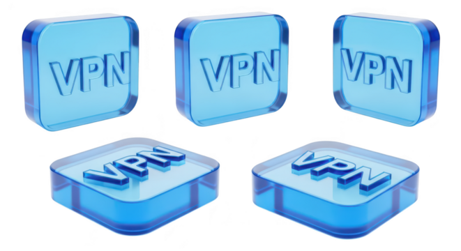 Transparent blue VPN icons on white background illustrating data security & privacy for use in cybersecurity internet & digital concepts