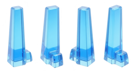 Four blue geometric crystal objects stand on a white surface with different angled views for display or digital design elements