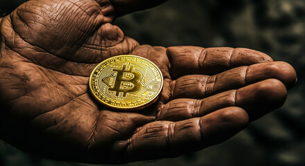 Weathered Hand Holding Bitcoin Coin