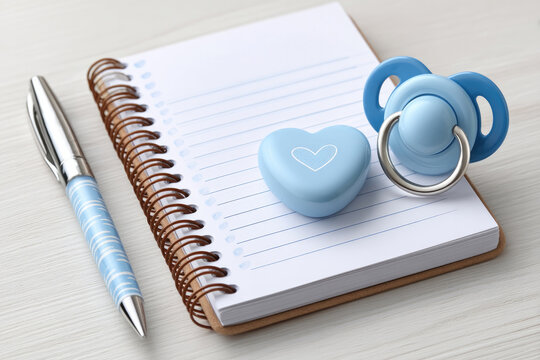 Baby naming preparation with notepad, pen, and pacifier for new parents - ideal for expectant families, gender reveal planning, and nursery decoration - Powered by Adobe