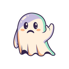 Adorable Kawaii Ghost with Sad Expression and Waving Hand