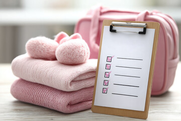 Preparing for baby arrival maternity hospital checklist with pink essentials and soft newborn booties
