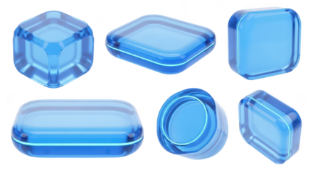 3D-rendered collection of abstract translucent blue glass shapes against a white backdrop usable for design and visual concepts