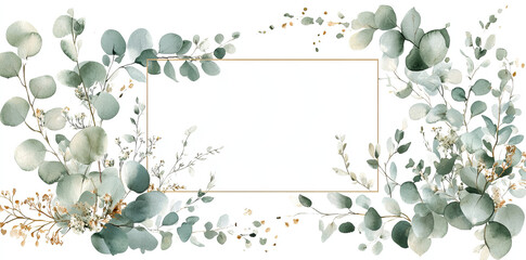 Watercolor  set of floral eucalyptus branches, greenery, and gold elements on an isolated  a transparent background