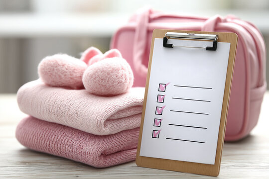 Preparing for baby arrival maternity hospital checklist with pink essentials and soft newborn booties