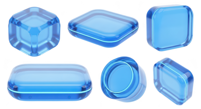 3D-rendered collection of abstract translucent blue glass shapes against a white backdrop usable for design and visual concepts