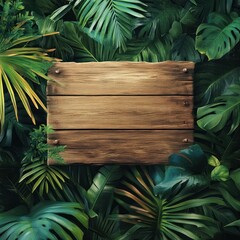 Aged wooden sign surrounded by lush tropical foliage