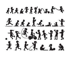  Collection of playful child silhouettes in various activities like running, skipping, biking, and ball games. Perfect for youth, recreation, and childhood design themes.