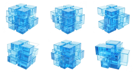Blue translucent cubes assembled scattered isolated on a white background illustrating concepts of connection data or technology