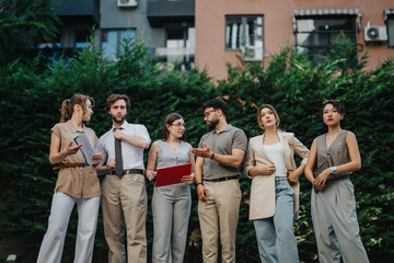 Group of six diverse people engaged in conversation and collaboration outdoors. They project teamwork, modernity and cooperation, creating a relaxed yet focused atmosphere in an urban natural setting.