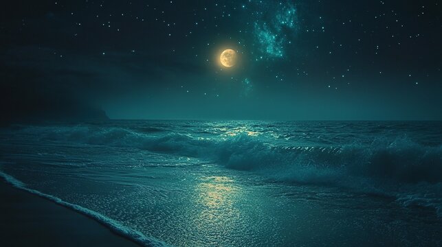 A serene moonlit beach at night.  Ocean waves gently crashing on the shore under a luminous moon and sparkling stars - Powered by Adobe