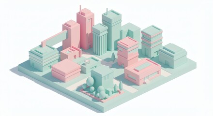 Fototapeta premium A minimalist isometric city block with pastel pink and mint green architectural buildings. A 3D render of a clean urban concept.