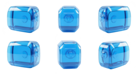 Clear blue cubes various angles isolated on white showing transparency possibly used in 3D modelling or abstract design showcasing its different perspectives