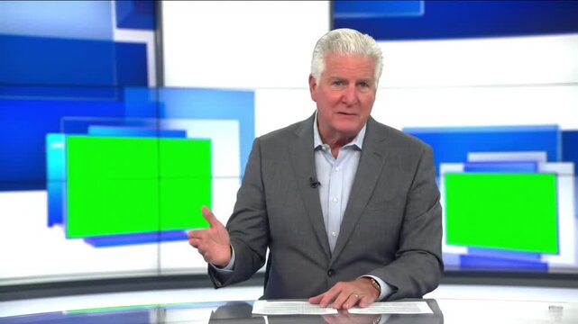Man in suit presenting news with green screen background and blue graphic elements in the studio setting