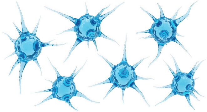 Transparent blue neuron cells floating isolated on white background; for scientific research & medical illustrations