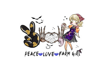 Peace Love Farm Girl – Halloween Witch Farm Girl Illustration with Hand Signs Sublimation design isolated on transparent background