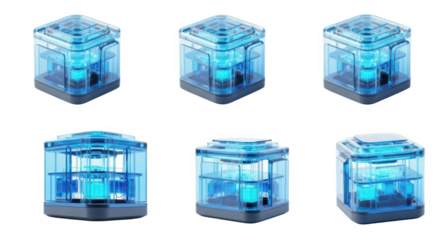 Blue futuristic transparent cubes arrayed on a white background showcasing technology or science concepts Likely used for digital art design or data visualization