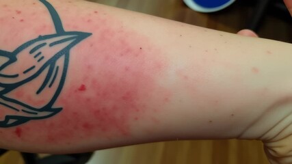 Dermatitis concept,Skin irritation arm with redness, bumps, and tattoo design indicating discomfort and possible allergic