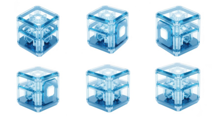 Transparent blue modular cubes in various configurations on a white surface showcasing a construction concept potentially used for design or data visualization