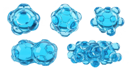 Abstract blue water molecule models floating on white background for scientific medical and educational uses
