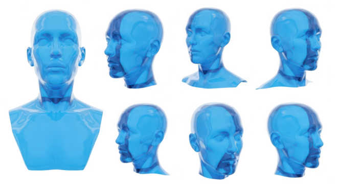 Transparent human head models displaying various perspectives demonstrating anatomy on white background potentially for medical visualizations or education