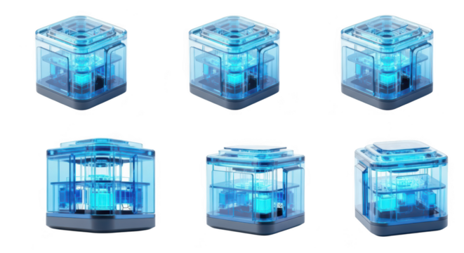 Blue futuristic transparent cubes arrayed on a white background showcasing technology or science concepts Likely used for digital art design or data visualization