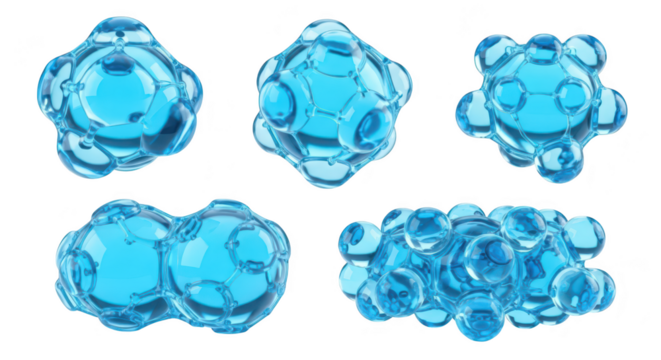 Abstract blue water molecule models floating on white background for scientific medical and educational uses