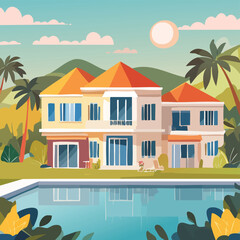 Tropical Villas with Private Pool and Lush Floral Garden – Exotic Luxury Resort Setting with Palm Trees, Blooming Flowers, Outdoor Lounge, and Serene Vacation Atmosphere