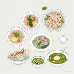 Illustrated Flat Lay of a Traditional Thai Food Feast